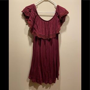 Burgundy off the shoulder dress.